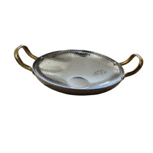 Tigaie argintie otel inoxidabil cu manere aurii  25.5 cm